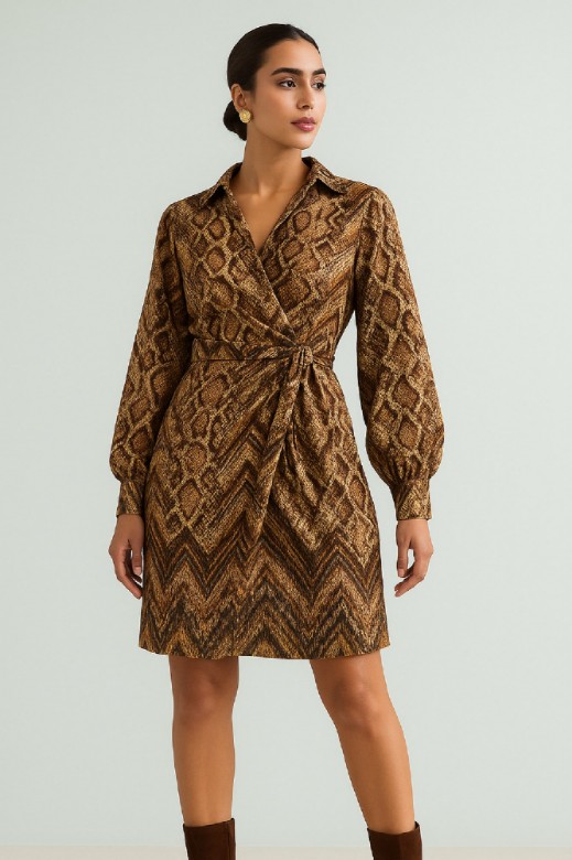 Picture of Printed satin mini wrap dress with ties