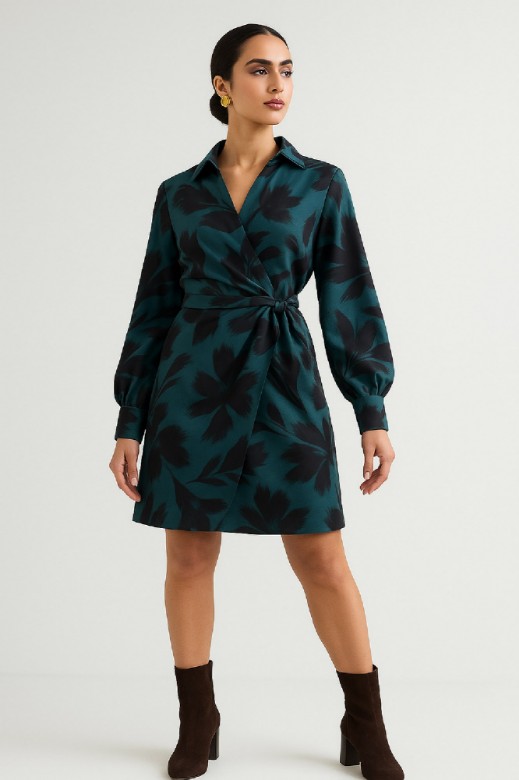 Picture of Printed satin mini wrap dress with ties
