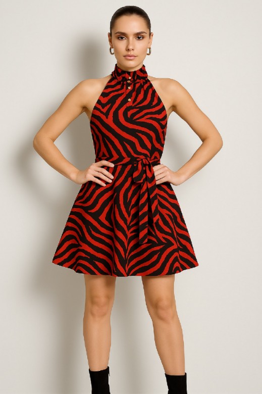 Picture of Sleeveless mini dress with high neck and belt at the waist