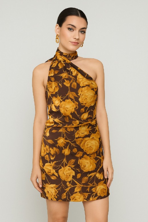 Picture of Printed satin asymmetric mini dress with scarf