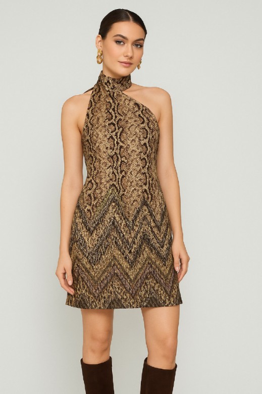 Picture of Printed satin asymmetric mini dress with scarf