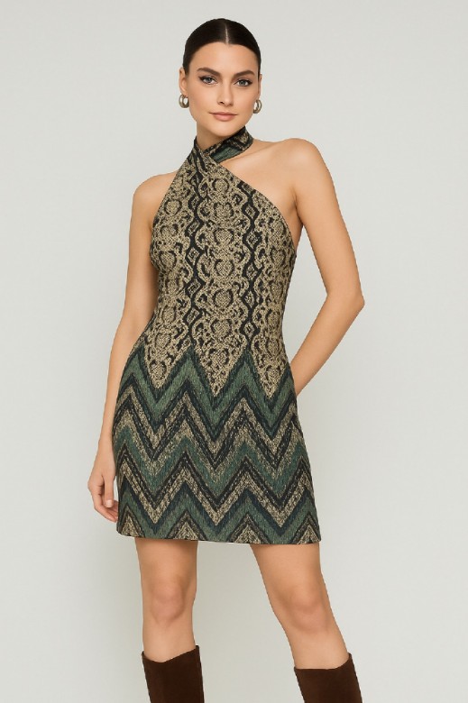 Picture of Printed satin asymmetric mini dress with scarf