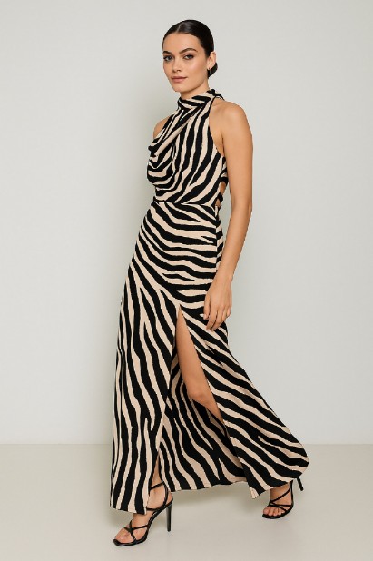Picture of Printed satin maxi dress with draped neckline