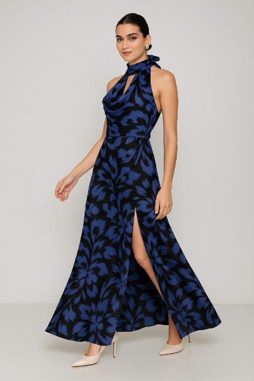 Picture of Printed satin maxi dress with draped neckline