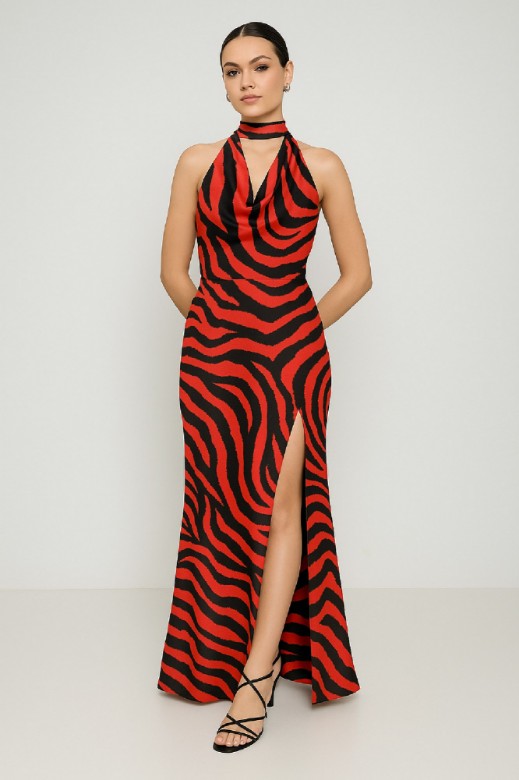 Picture of Printed satin maxi dress with draped neckline