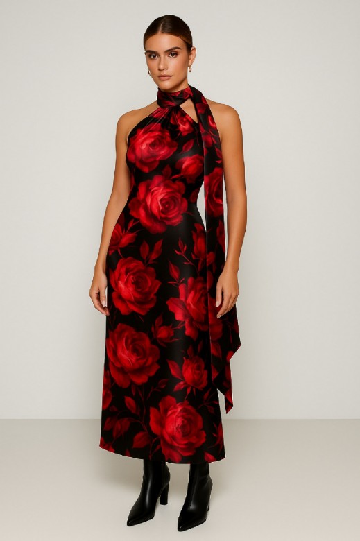 Picture of Printed satin maxi dress with tie at the neck