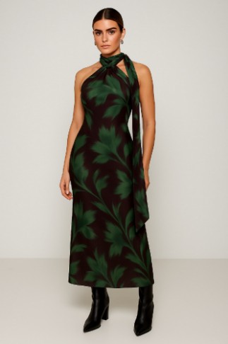 Εικόνα της Φόρεμα σατέν εμπριμέ μάξι με δέσιμο στο λαιμό