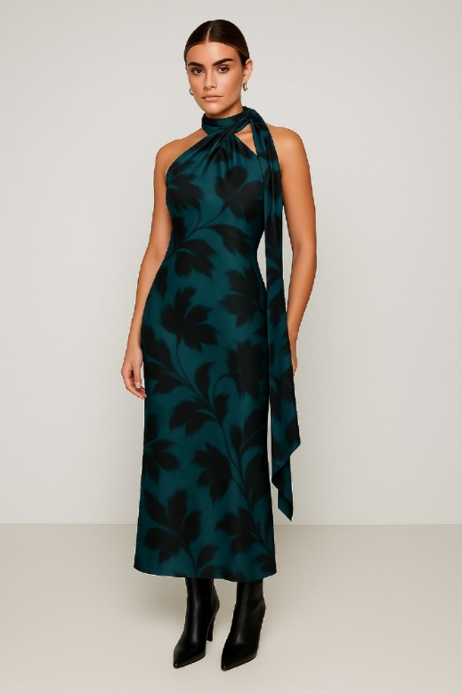 Picture of Printed satin maxi dress with tie at the neck