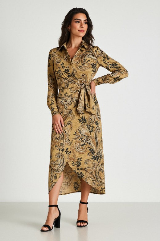 Picture of Satin Printed Wrap Dress with Waist Tie