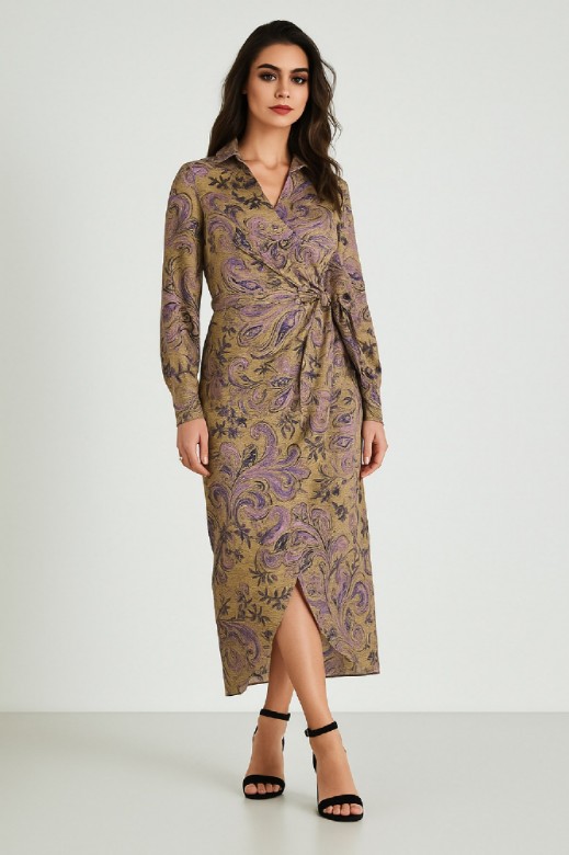 Picture of Satin Printed Wrap Dress with Waist Tie