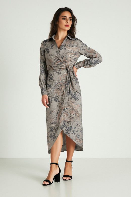 Picture of Satin Printed Wrap Dress with Waist Tie
