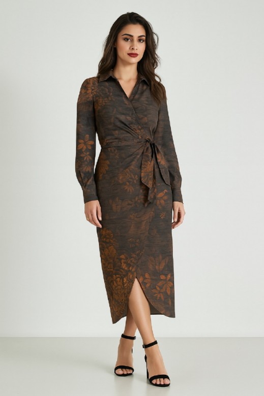 Picture of Satin Printed Wrap Dress with Waist Tie