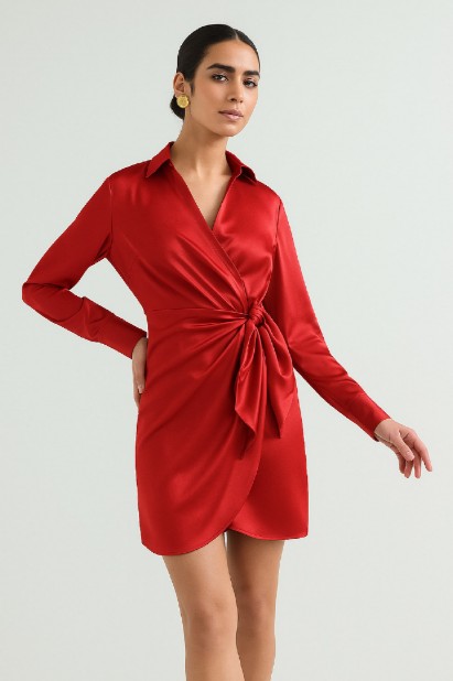 Picture of Premium satin mini wrap dress with tie
