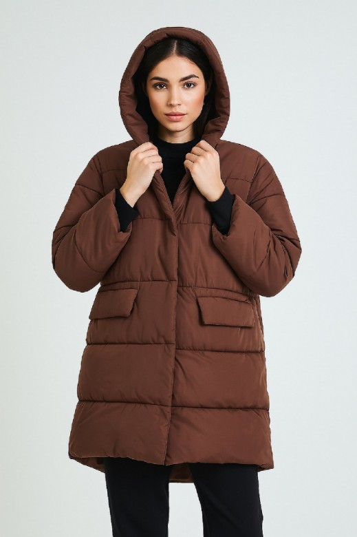 Picture of Long Quilted Puffer Jacket with Hood and Flap Pockets