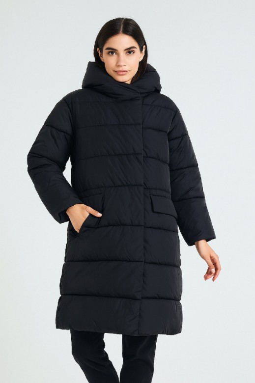 Picture of Long Quilted Puffer Jacket with Hood and Flap Pockets