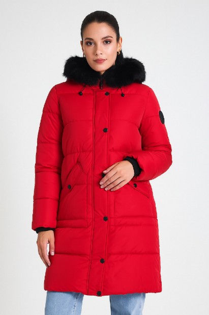 Picture of Long Quilted Puffer Jacket with Hood and Detachable Fur Trim
