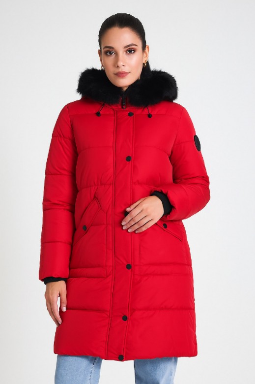 Picture of Long Quilted Puffer Jacket with Hood and Detachable Fur Trim