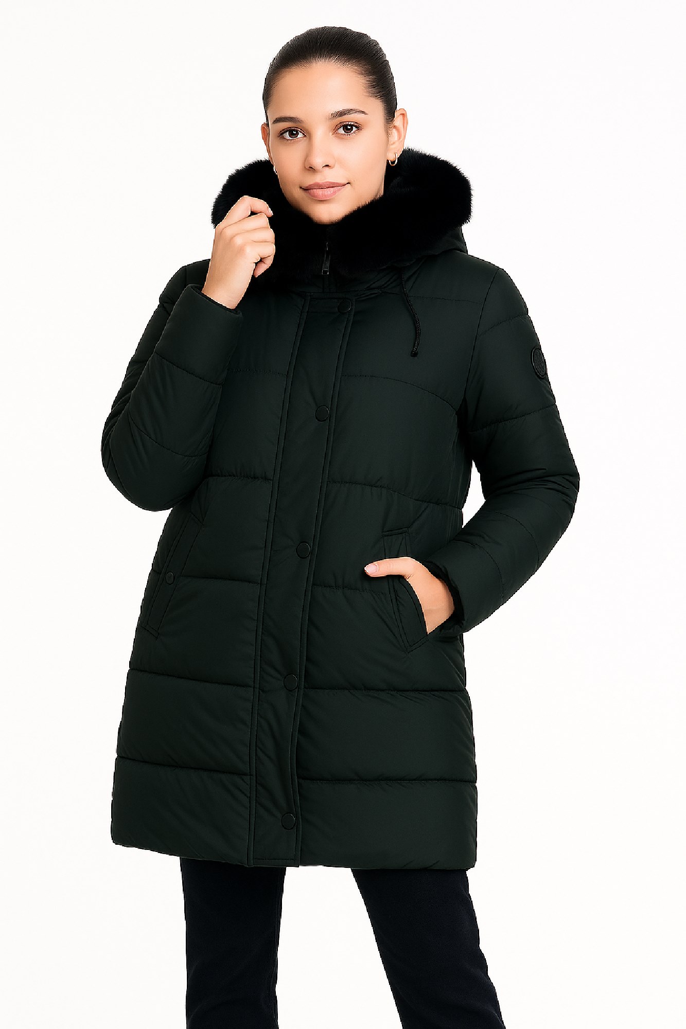 Picture of Long Quilted Puffer Jacket with Hood and Detachable Fur Trim