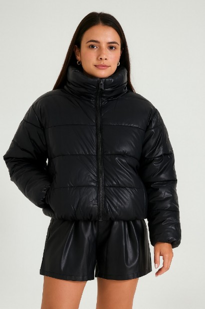Picture of Short Quilted Faux Leather Puffer Jacket
