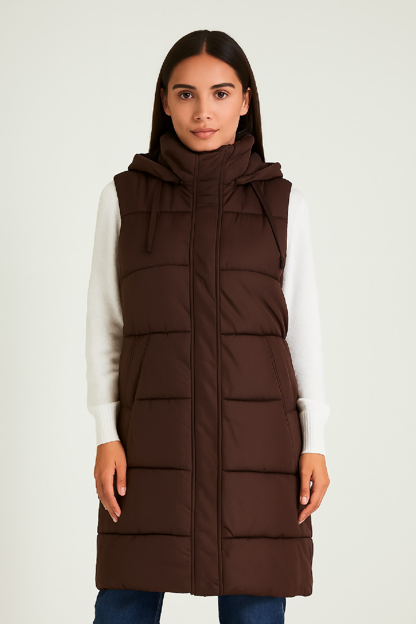 Picture of Long Quilted Sleeveless Vest with Hood
