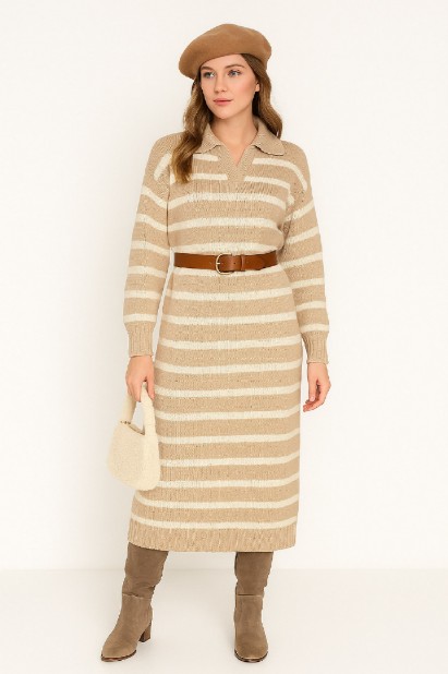 Picture of Striped Knitted Dress with Collar