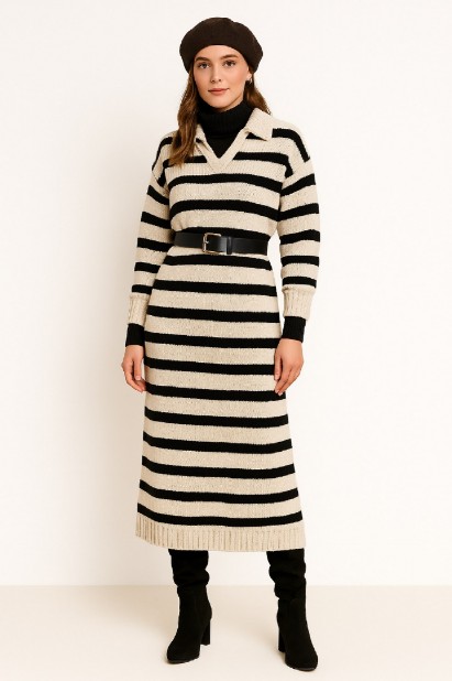 Picture of Striped Knitted Dress with Collar