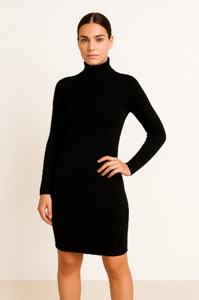 Picture of Ribbed Knitted Mock-Neck Dress