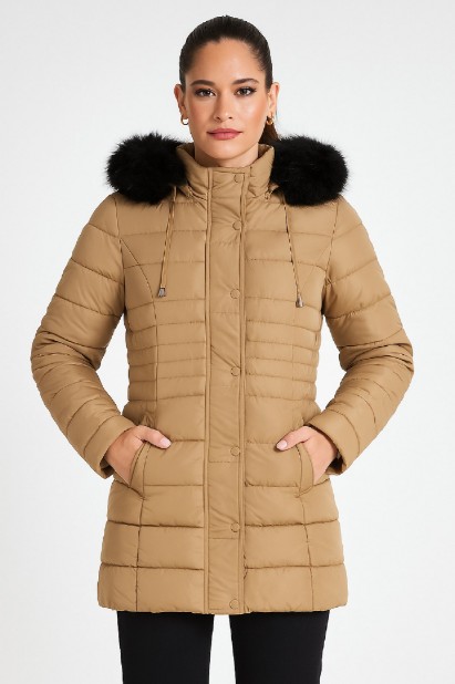 Picture of Quilted Puffer Jacket with Hood and Detachable Faux Fur Trim