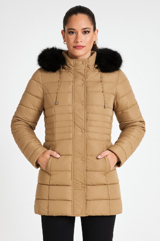 Picture of Quilted Puffer Jacket with Hood and Detachable Faux Fur Trim