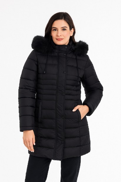 Picture of Quilted Puffer Jacket with Hood and Detachable Faux Fur Trim