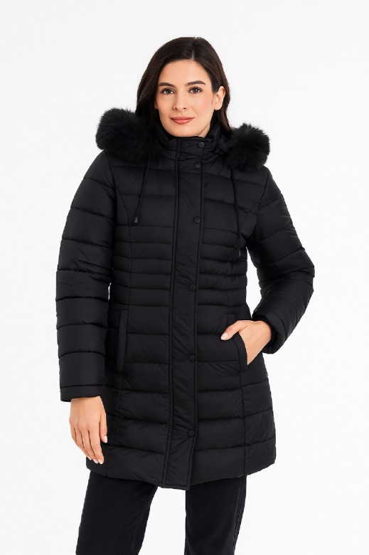 Picture of Quilted Puffer Jacket with Hood and Detachable Faux Fur Trim