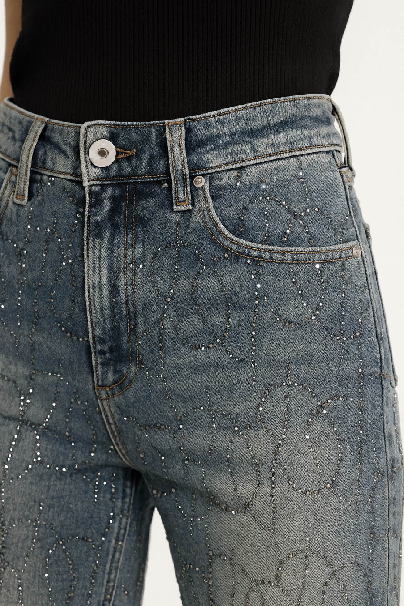 Picture of Denim Pants with Rhinestone Embellishments and Subtle Pattern