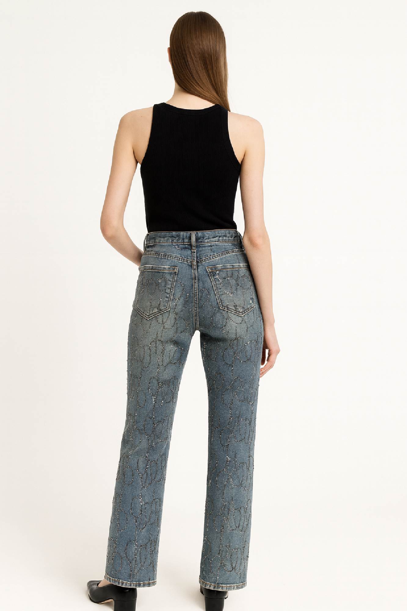 Picture of Denim Pants with Rhinestone Embellishments and Subtle Pattern