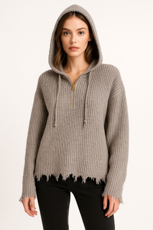 Εικόνα της Πλεκτή Μπλούζα με Κουκούλα και Ξέφτια στα Τελειώματα

