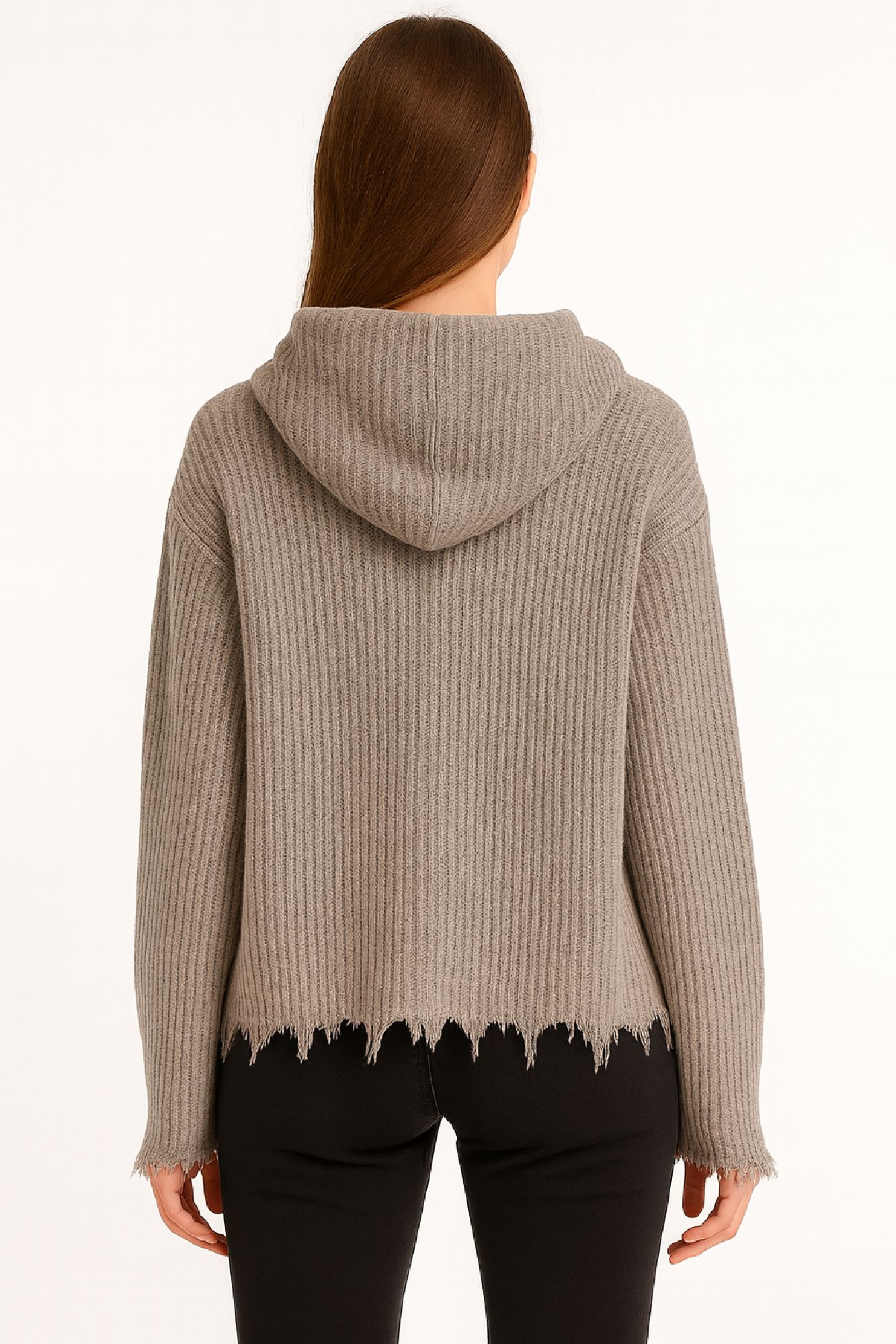 Εικόνα της Πλεκτή Μπλούζα με Κουκούλα και Ξέφτια στα Τελειώματα
