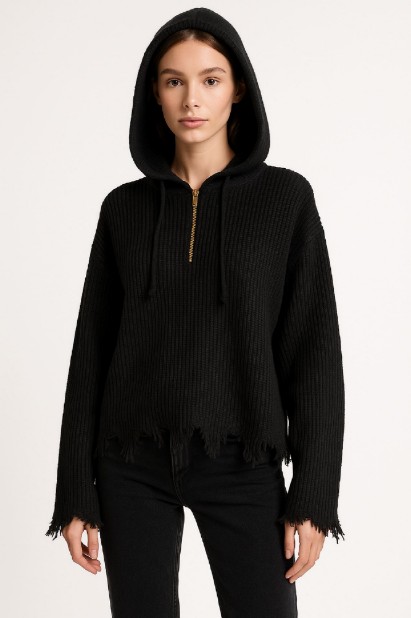 Εικόνα της Πλεκτή Μπλούζα με Κουκούλα και Ξέφτια στα Τελειώματα
