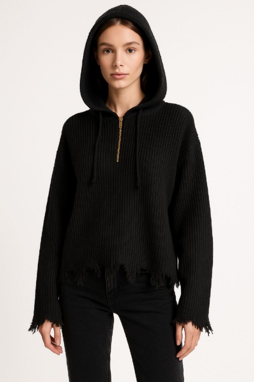 Εικόνα της Πλεκτή Μπλούζα με Κουκούλα και Ξέφτια στα Τελειώματα
