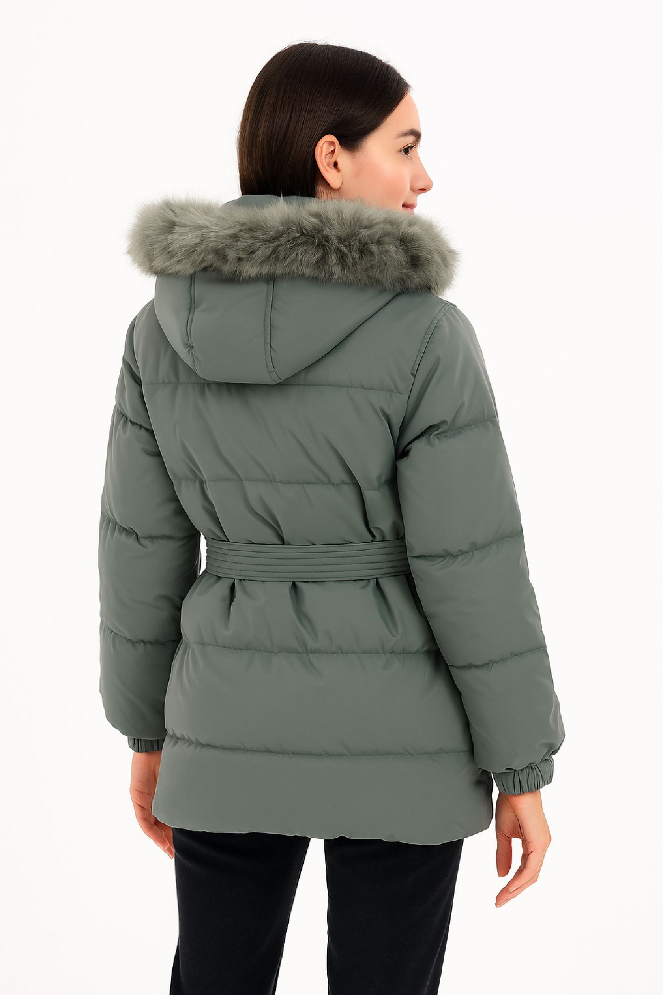 Picture of Belted Quilted Jacket with Faux Fur Hood