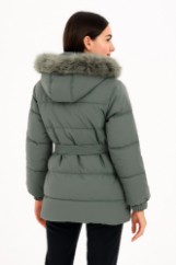 Picture of Belted Quilted Jacket with Faux Fur Hood