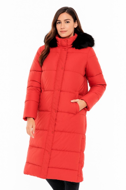 Picture of Long Quilted Puffer Coat with Hood and Detachable Faux Fur Trim