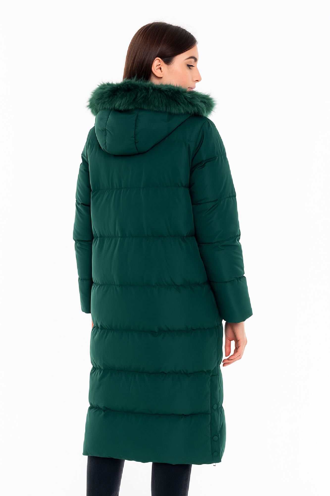 Picture of Long Quilted Puffer Coat with Hood and Detachable Faux Fur Trim