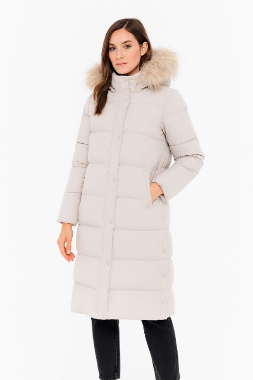 Picture of Long Quilted Puffer Coat with Hood and Detachable Faux Fur Trim