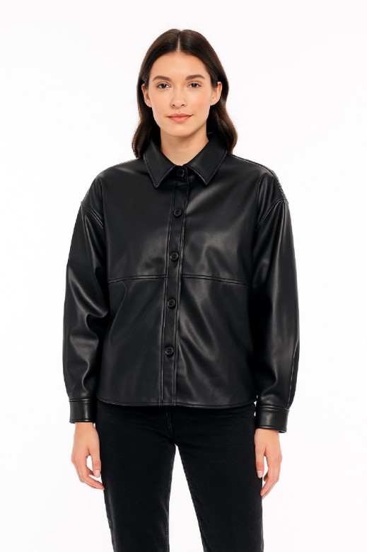 Picture of Short Faux Leather Jacket with Button Closure