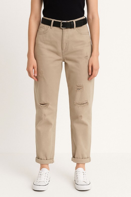 Picture of High-Waisted Mom-Fit Pants with Ripped Detail