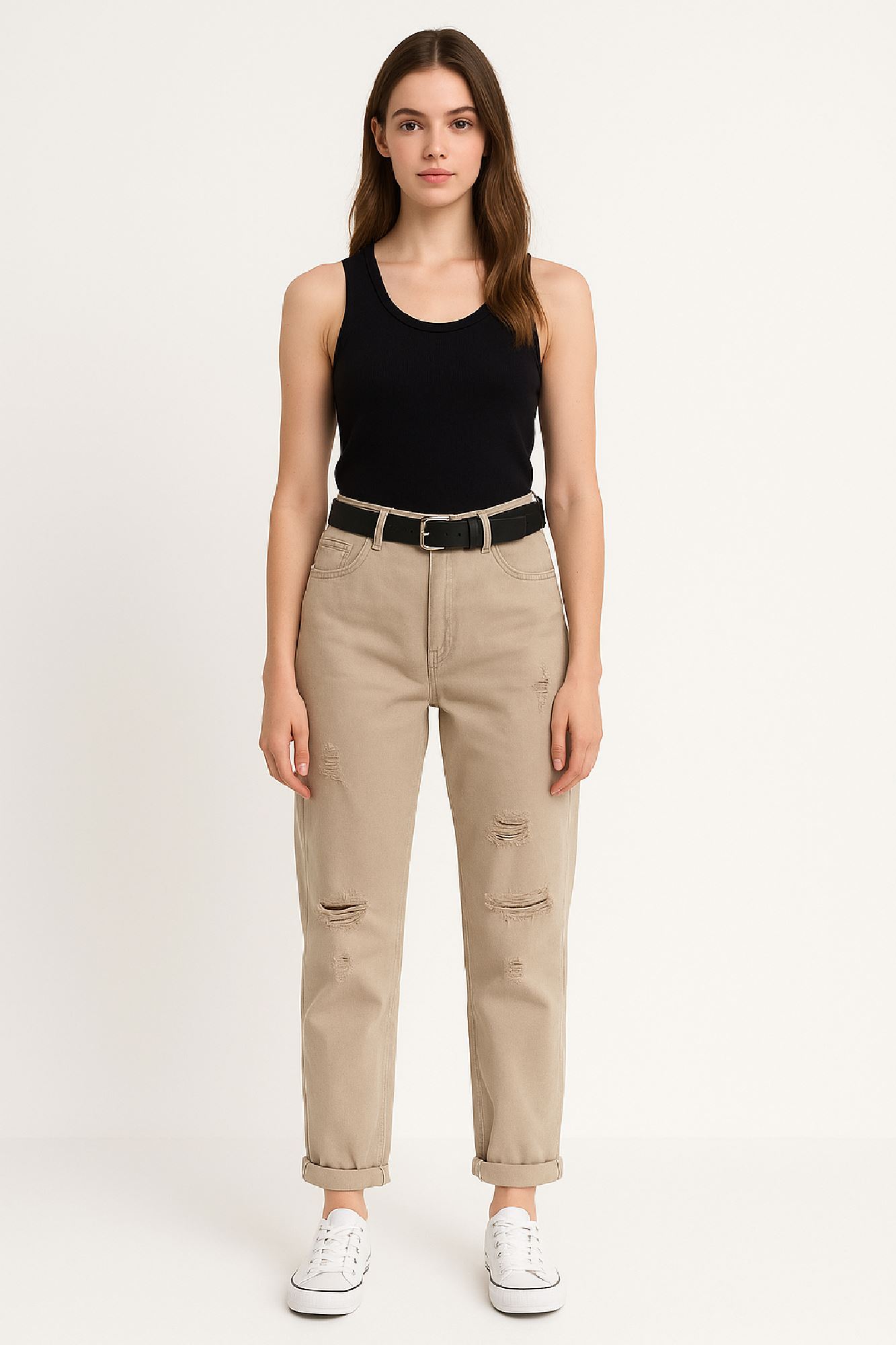 Picture of High-Waisted Mom-Fit Pants with Ripped Detail