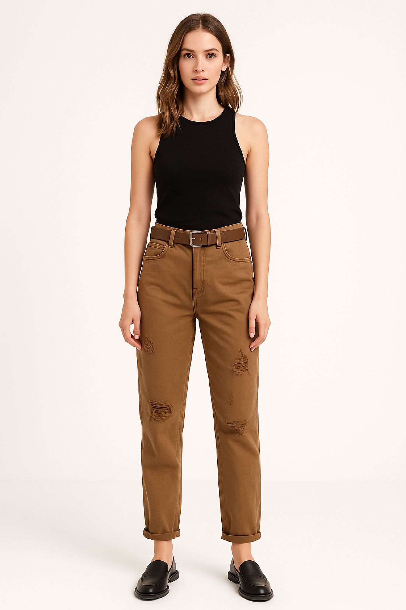 Picture of High-Waisted Mom-Fit Pants with Ripped Detail