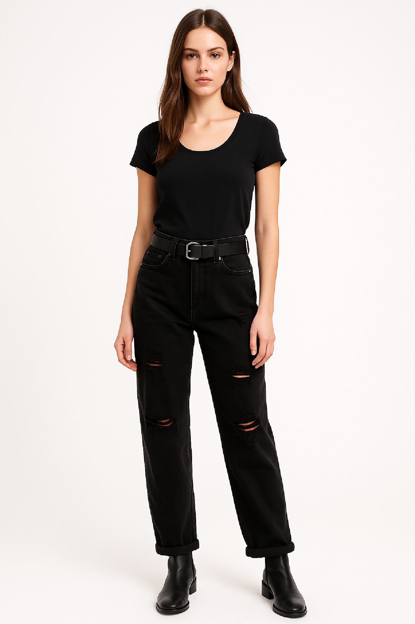 Picture of High-Waisted Mom-Fit Pants with Ripped Detail
