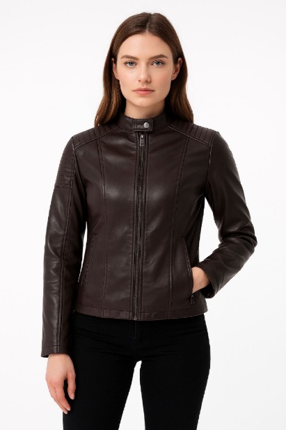 Picture of Faux Leather Biker Jacket with Stand-Up Collar