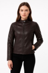 Picture of Faux Leather Biker Jacket with Stand-Up Collar