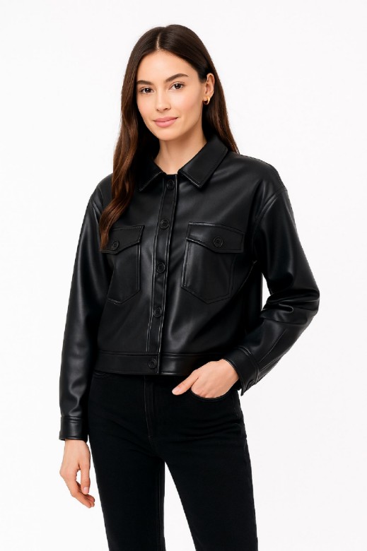 Picture of Short Faux Leather Jacket with Front Pockets